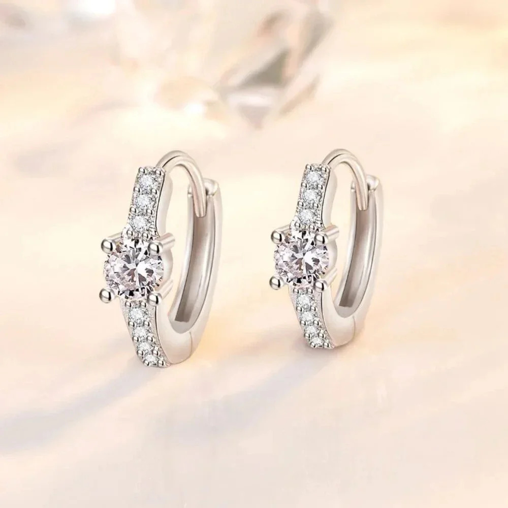 925 Sterling Silver Diamond Huggie Hoop Earrings
